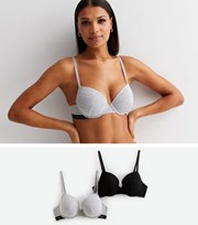 New Look 2 Pack Pale Grey and Black Amour Paris Logo T-Shirt Bras